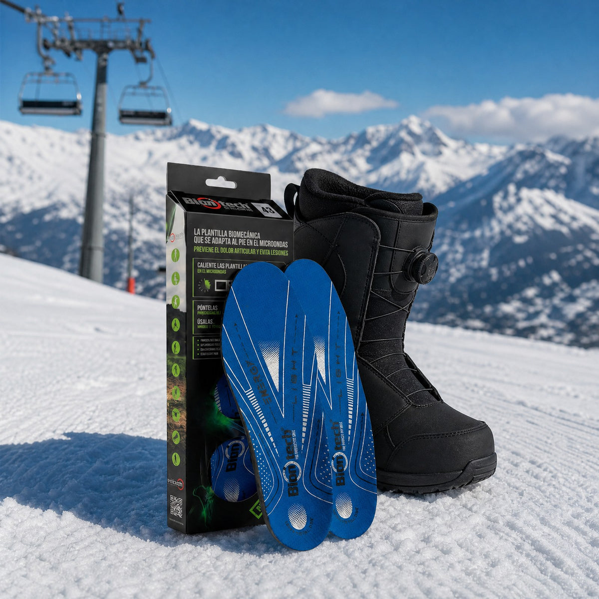Plantillas Biontech Snow para snowboard con su caja y bota de snowboard en pista