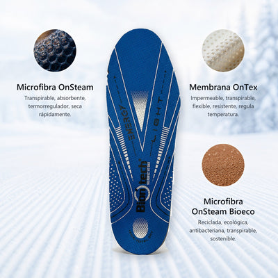 Materiales de la plantilla Biontech Snow: microfibra OnSteam, membrana OnTex y microfibra OnSteam Bioeco