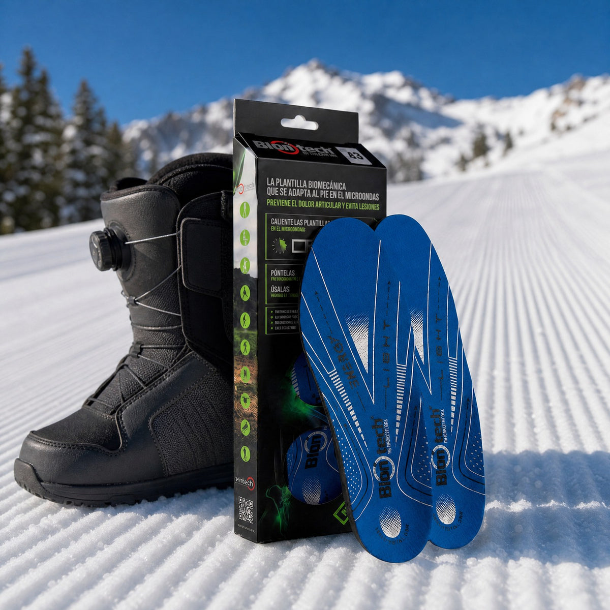 Plantillas Biontech Snow para snowboard con su caja y bota de snowboard en pista